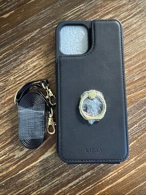 Black Leatherette Phone Case and Wallet with Gold Ring Holder and Strap